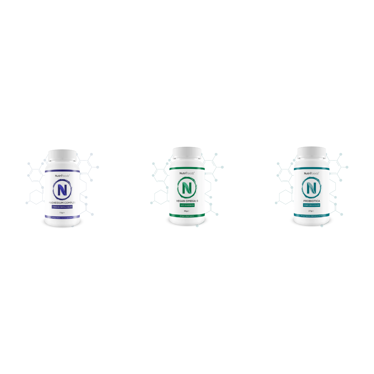HealthyPower Startersbundel - Nutrifoodz Magnesium Complex, Vegan Omega-3 en Probiotica naast elkaar