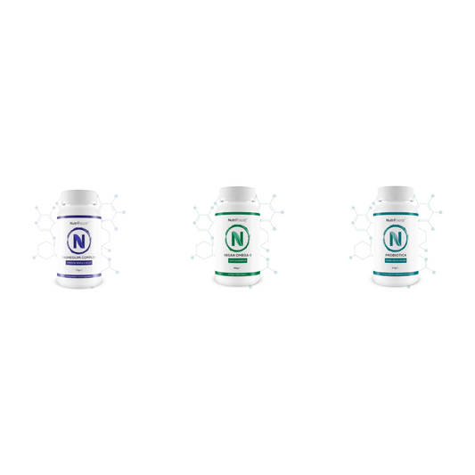 HealthyPower Startersbundel - Nutrifoodz Magnesium Complex, Vegan Omega-3 en Probiotica naast elkaar