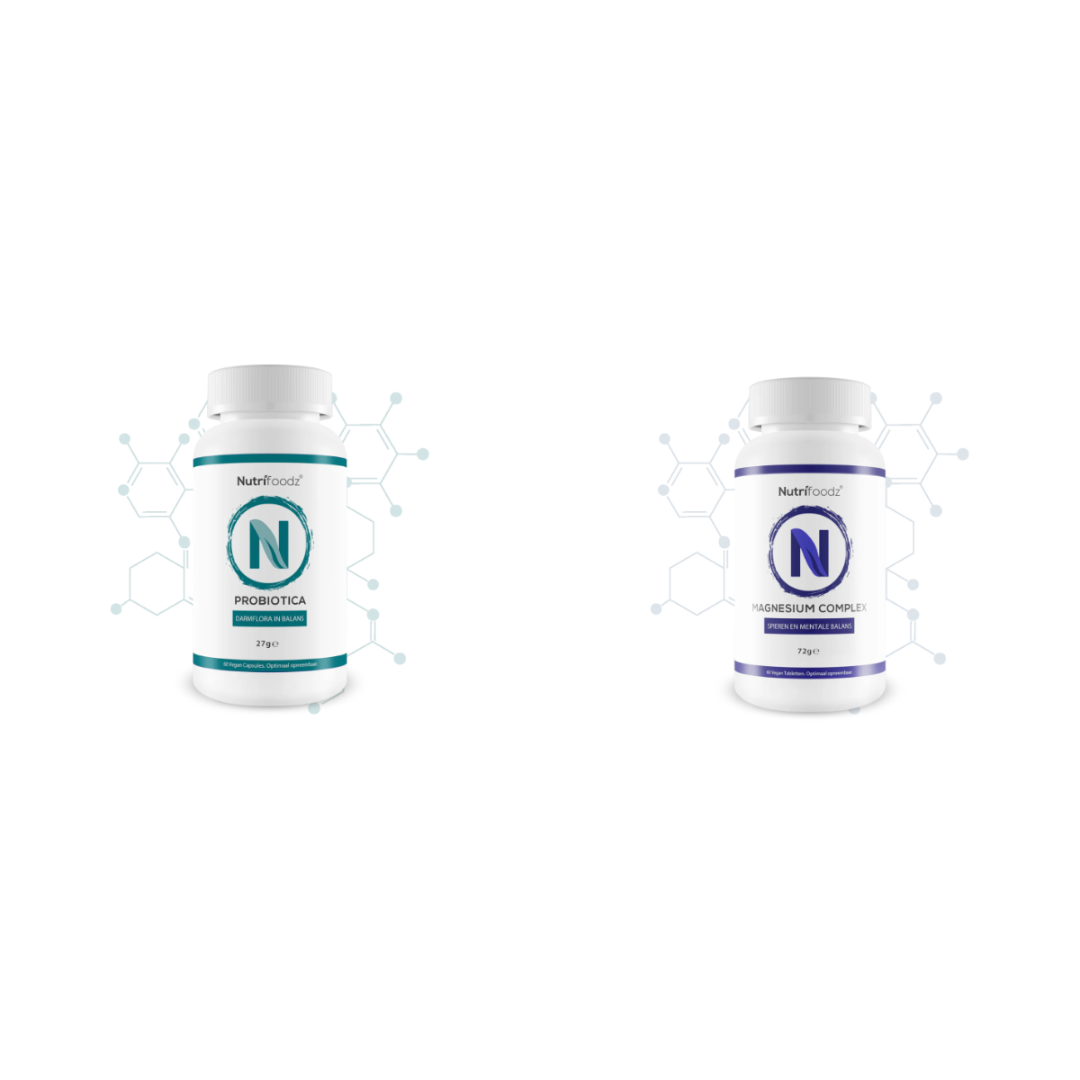 Weerstand & Energie Bundel - Nutrifoodz Probiotica en Magnesium Complex naast elkaar