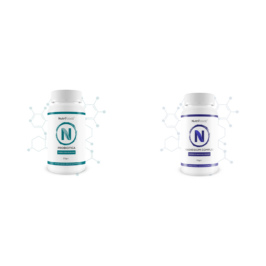 Weerstand & Energie Bundel - Nutrifoodz Probiotica en Magnesium Complex naast elkaar